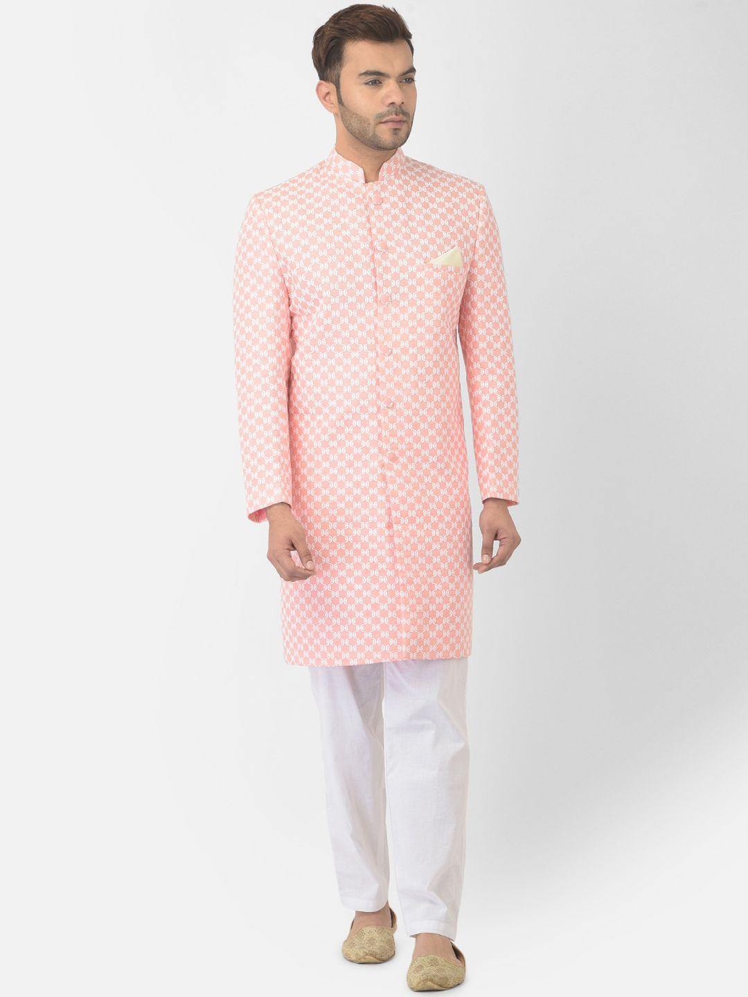 deyann men peach & white printed cotton sherwani with patiala set