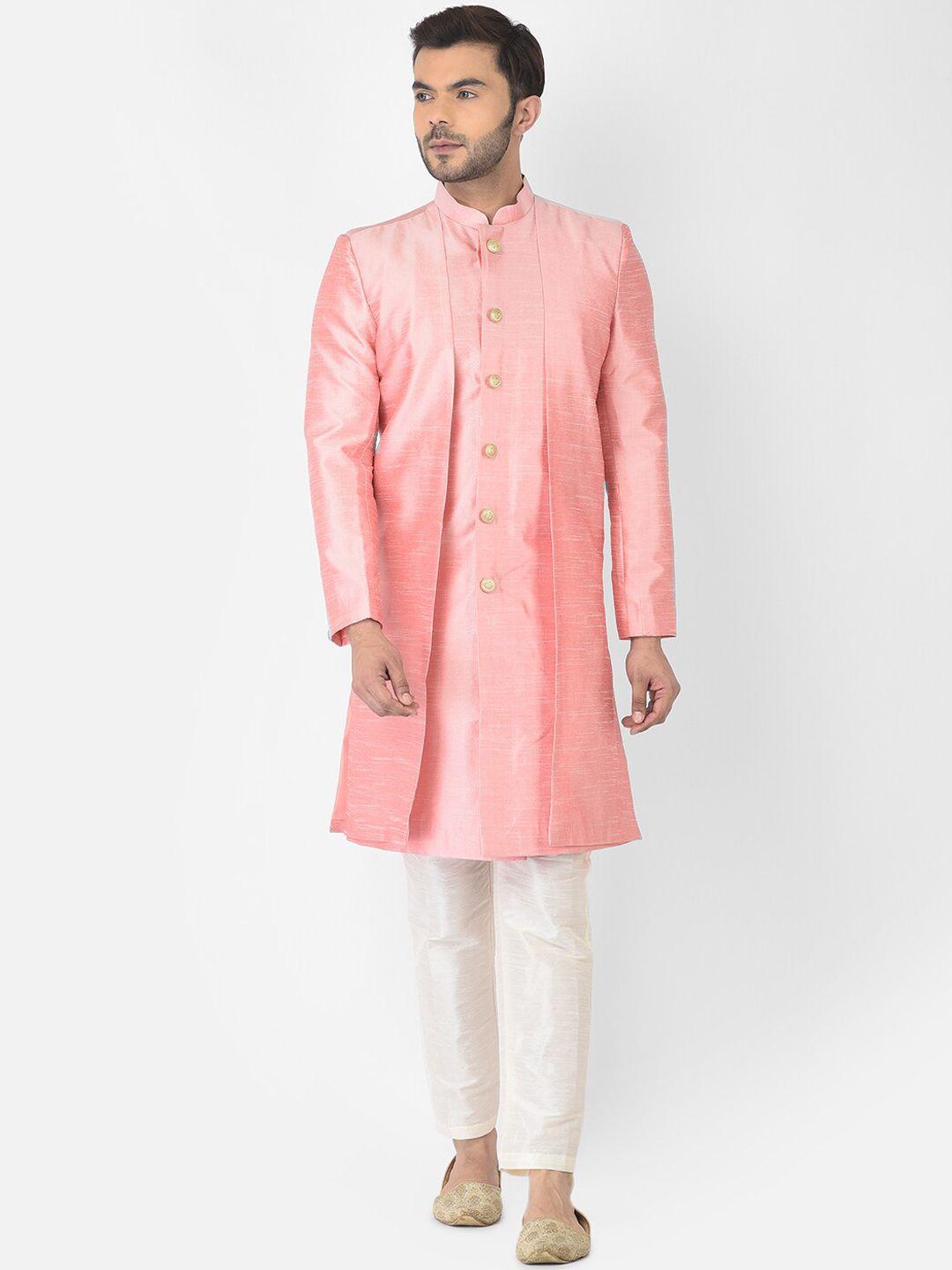 deyann men peach & white printed cotton sherwani with trouser set