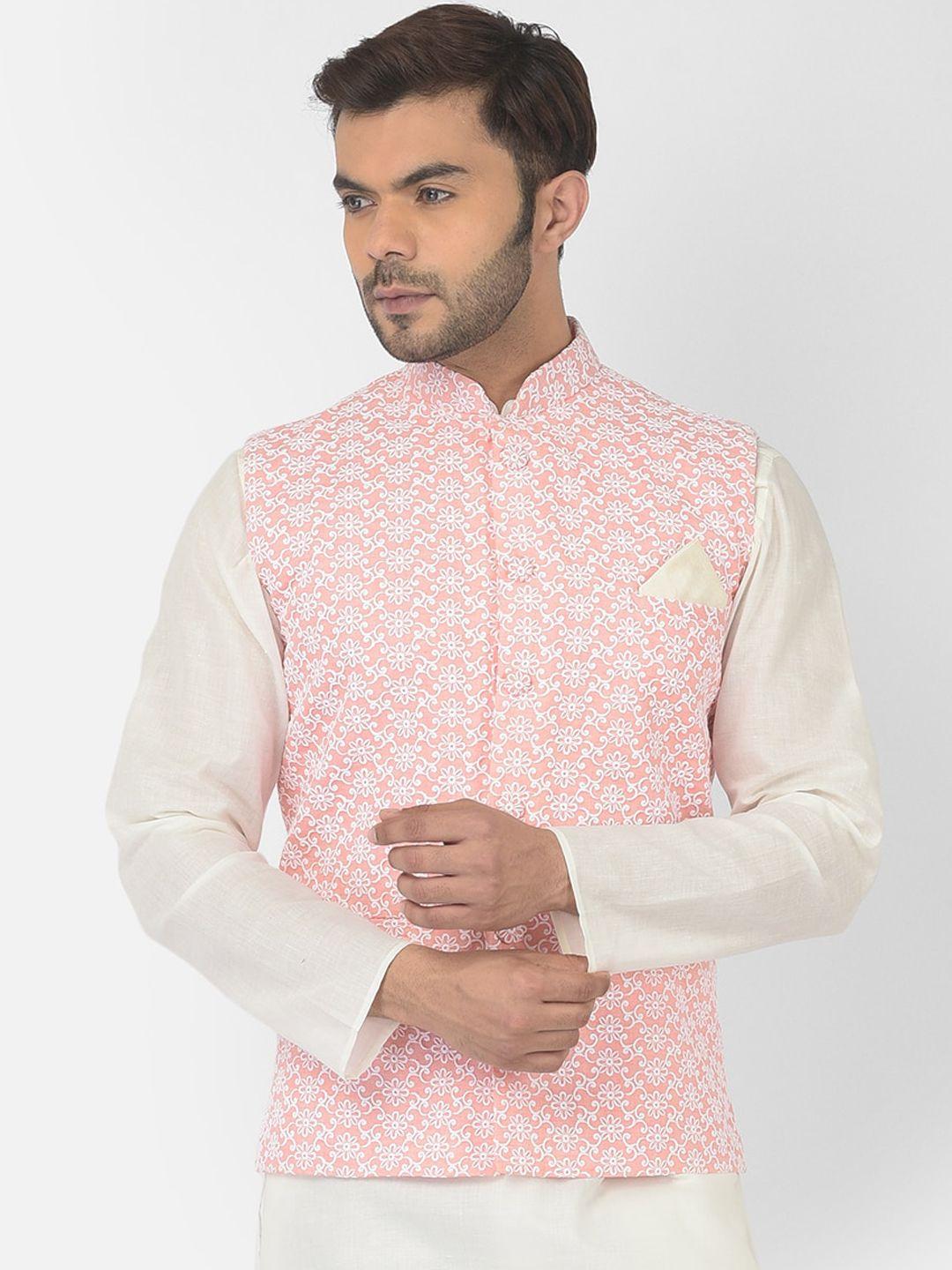 deyann-men-peach-colored-&-white-chikankari-embroidered-pure-cotton-nehru-jackets