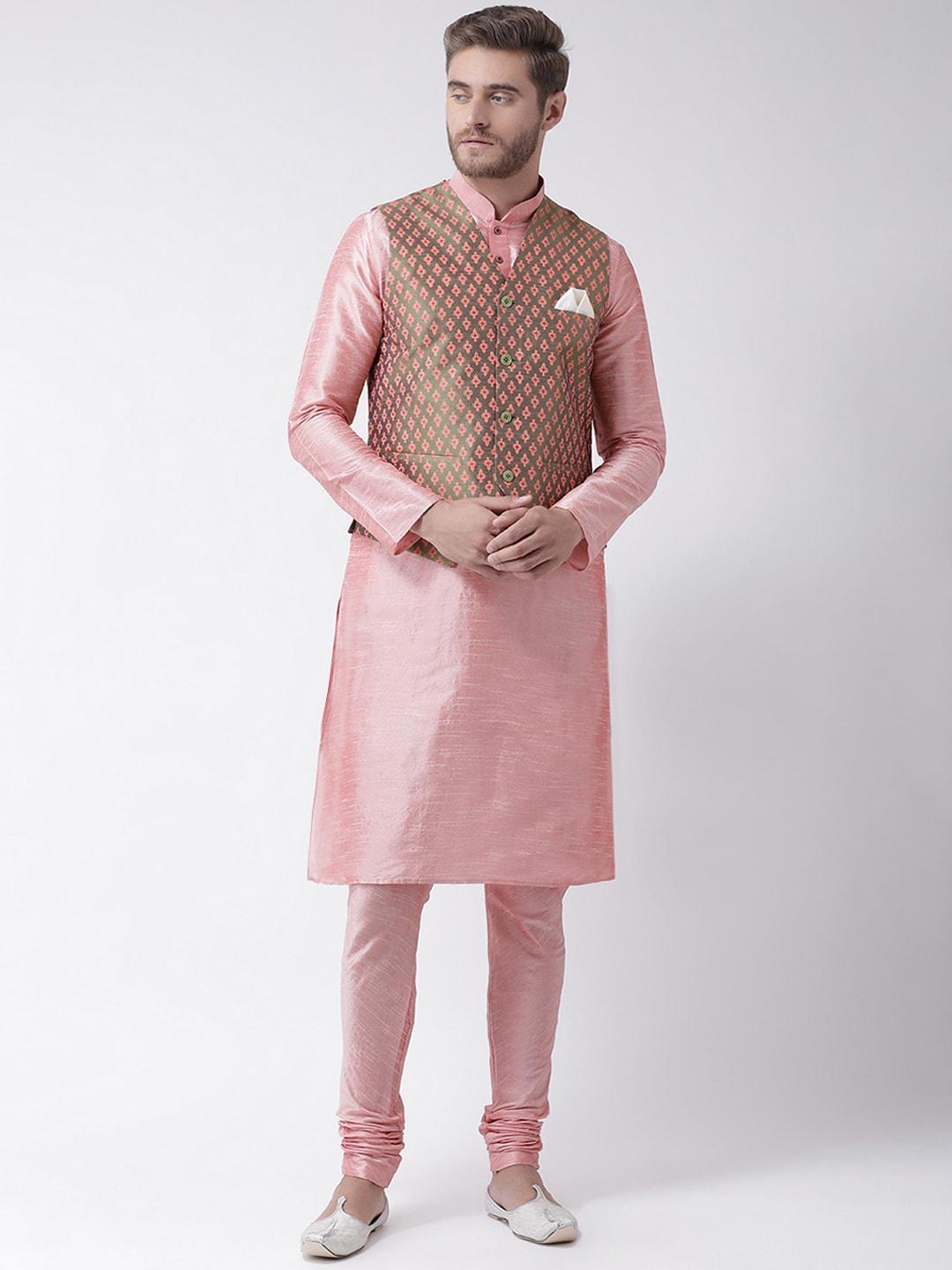 deyann men pink & green self design kurta with churidar