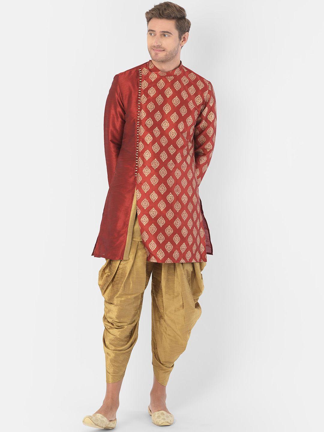 deyann men red & beige woven design kurta with patiala
