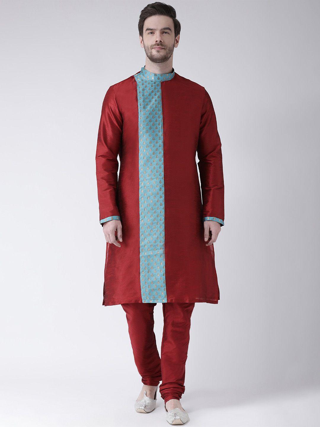 deyann men red & blue self design kurta with churidar