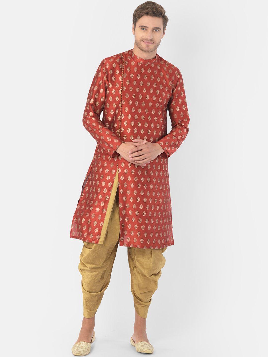 deyann men red & brown printed kurta with patiala