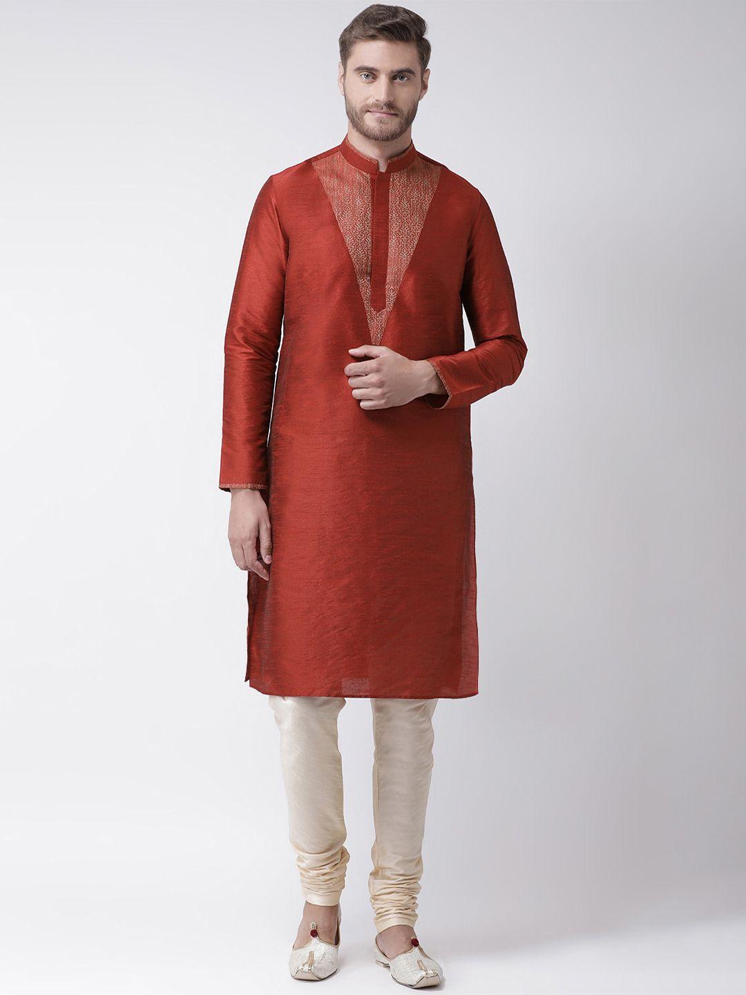 deyann men red & cream-coloured self design kurta with churidar