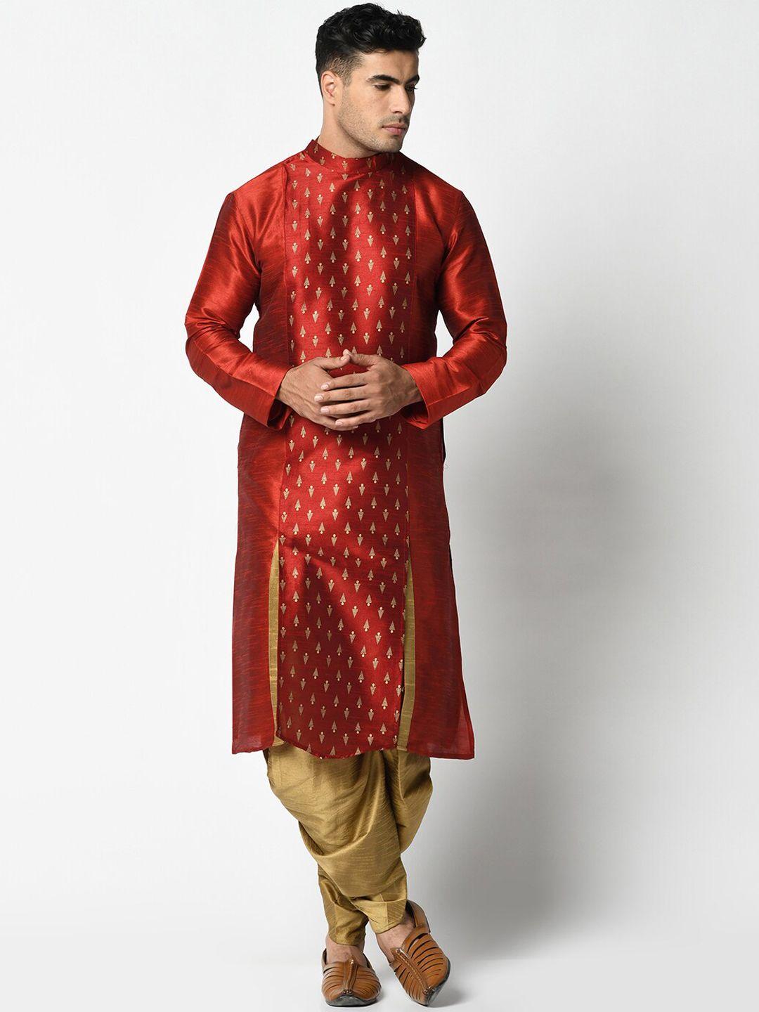 deyann men red & gold-toned printed kurta with dhoti pants