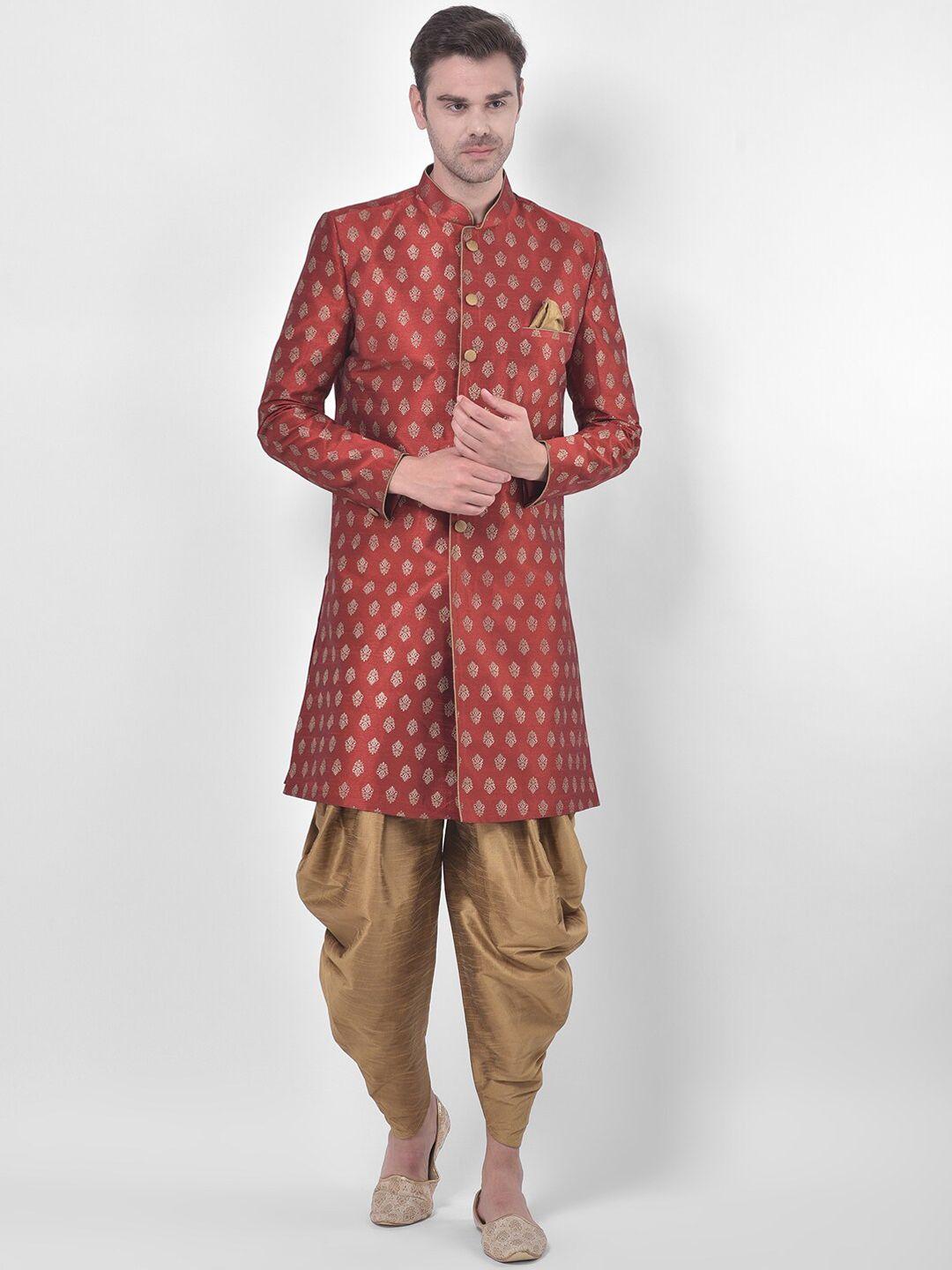 deyann men red & gold-toned woven design sherwani set