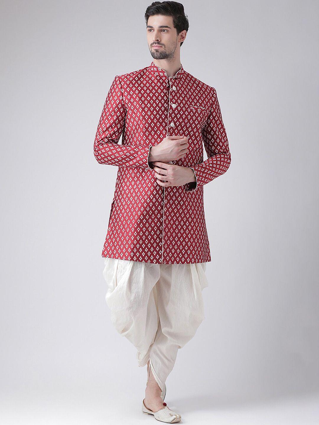 deyann men red & white woven design sherwani with patiala pants