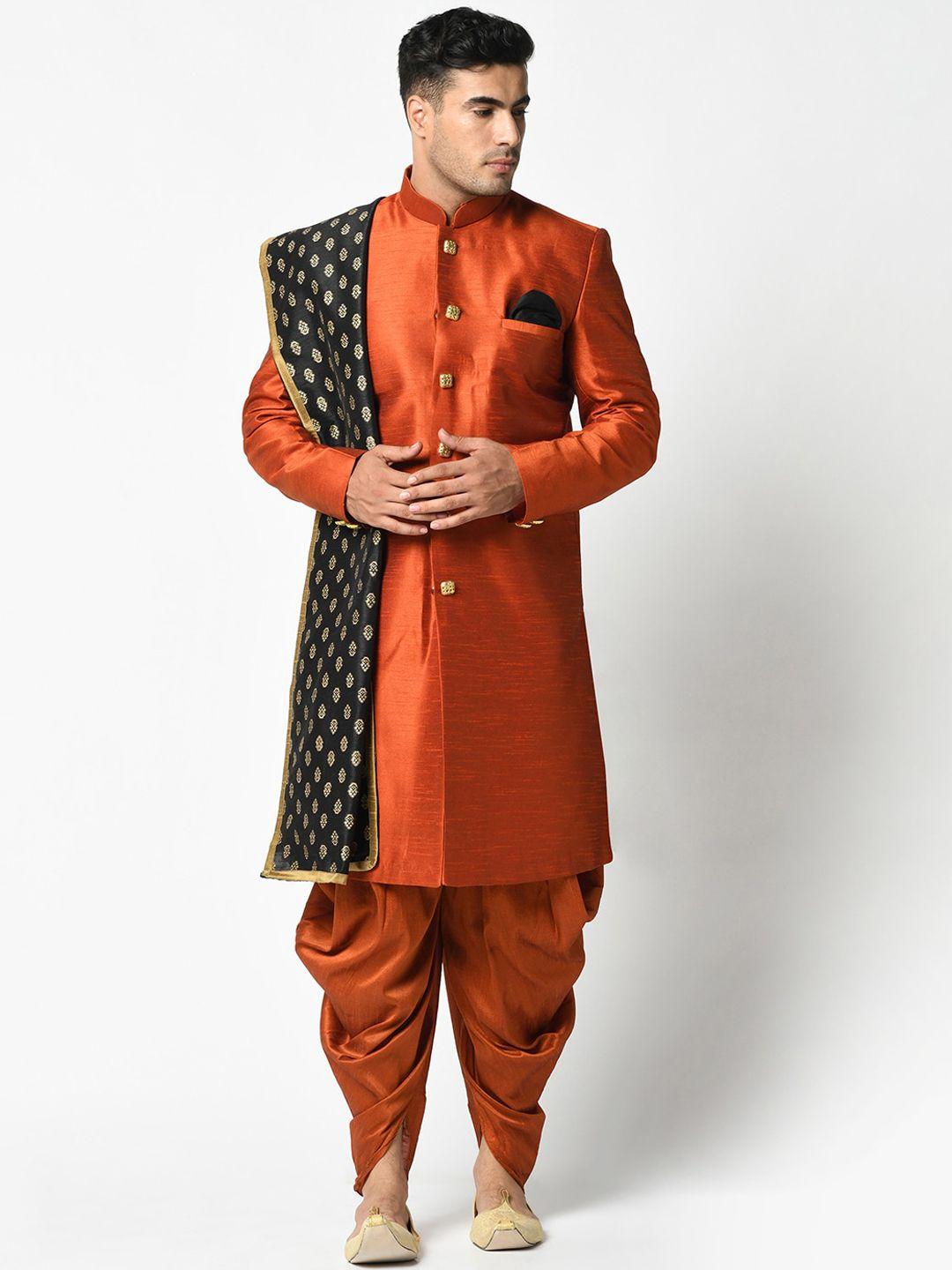 deyann men rust orange woven design dupion silk sherwani with dhoti pants & dupatta