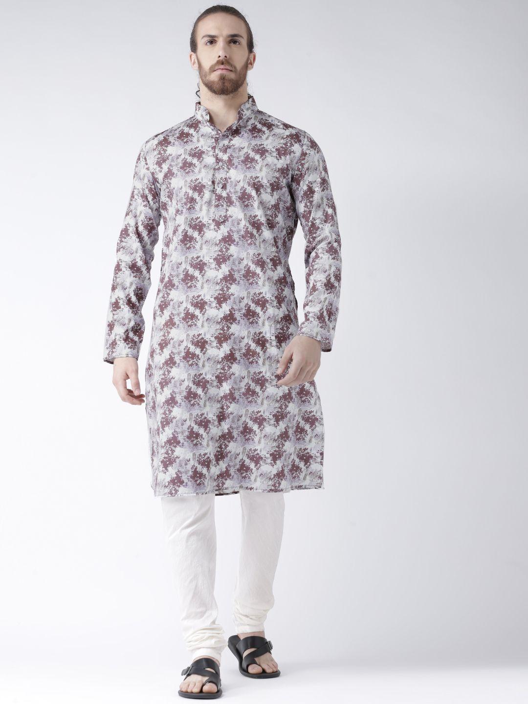 deyann men white & brown printed linen kurta with churidar