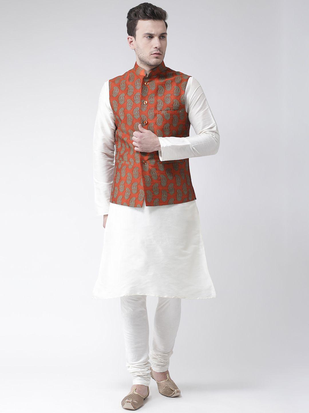 deyann men white & rust orange solid kurta with pyjamas & nehru jacket