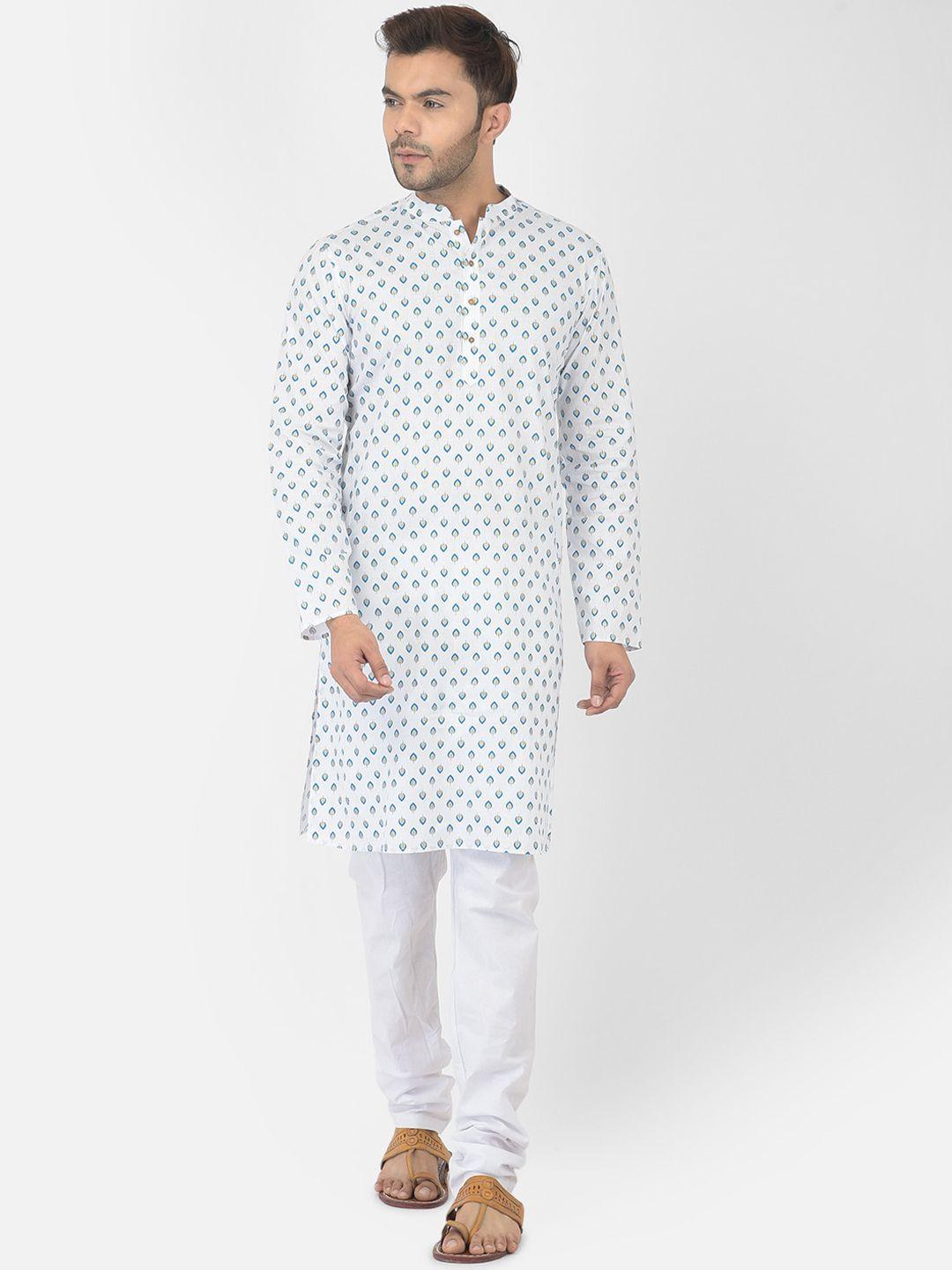 deyann men white ethnic motifs printed pure cotton kurta with churidar
