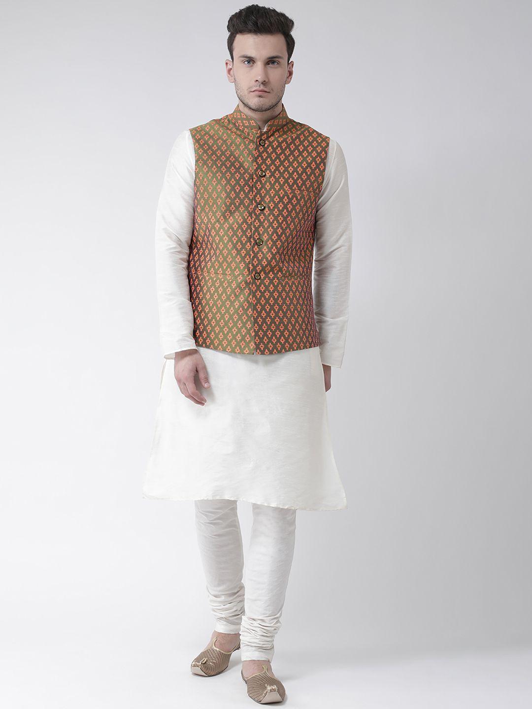 deyann men white solid kurta with pyjamas & nehru jacket