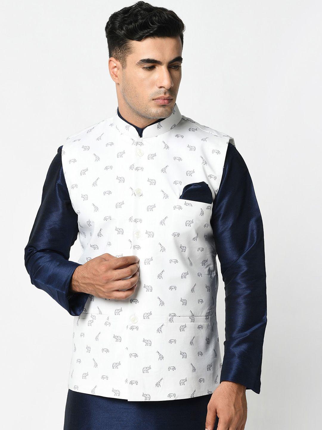 deyann men white woven-design nehru jacket