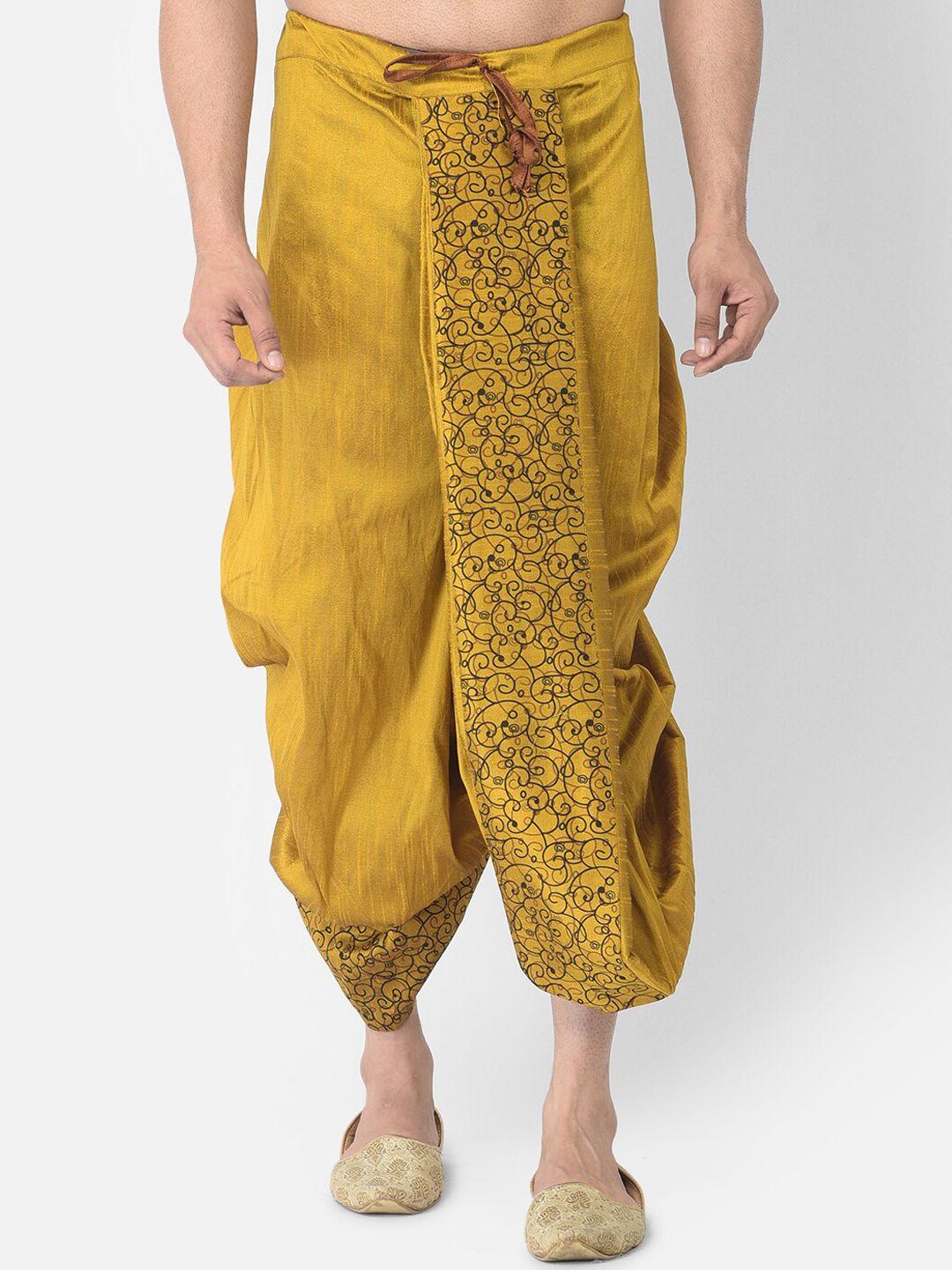 deyann men yellow & black printed dupion silk dhoti pants