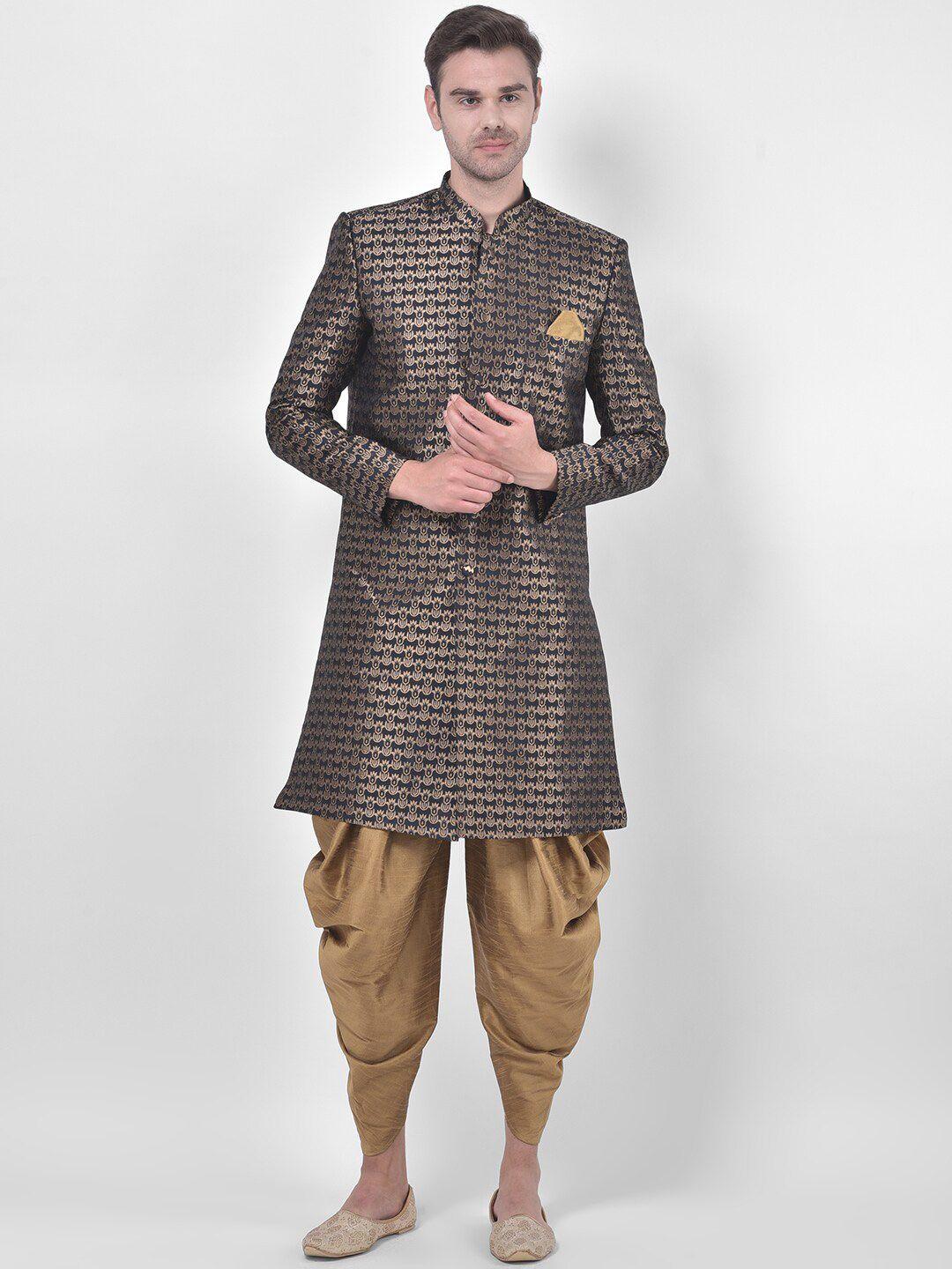 deyann plus men black & gold-coloured woven-design jacquard & dupion silk sherwani set