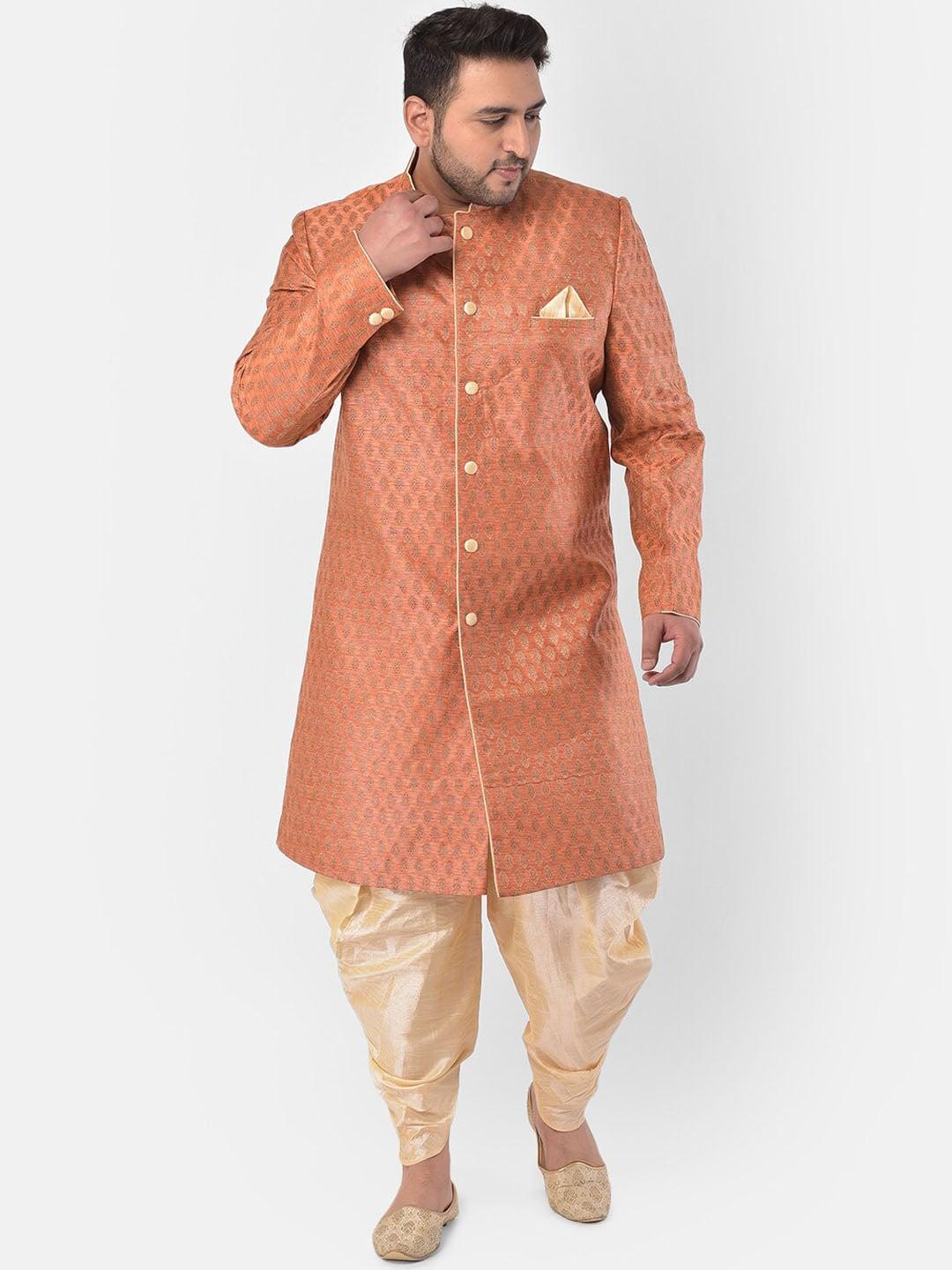 deyann plus men orange & beige woven design sherwani set