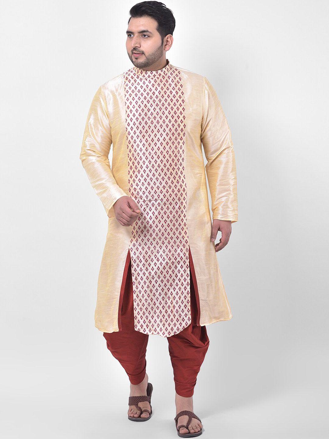 deyann plus men plus size cream-coloured & maroon ethnic motifs printed dupion silk kurta