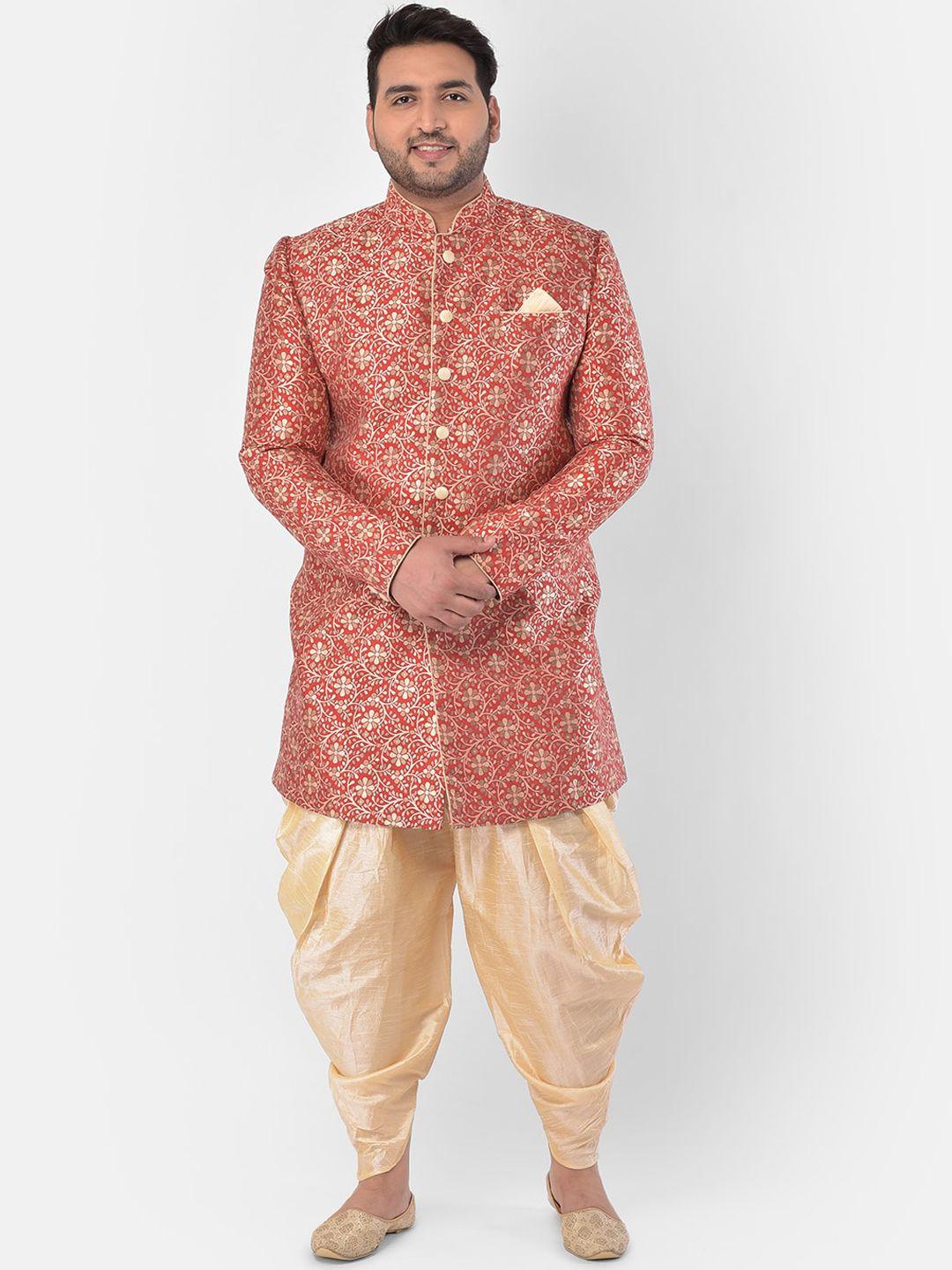 deyann plus men red & beige printed sherwani set