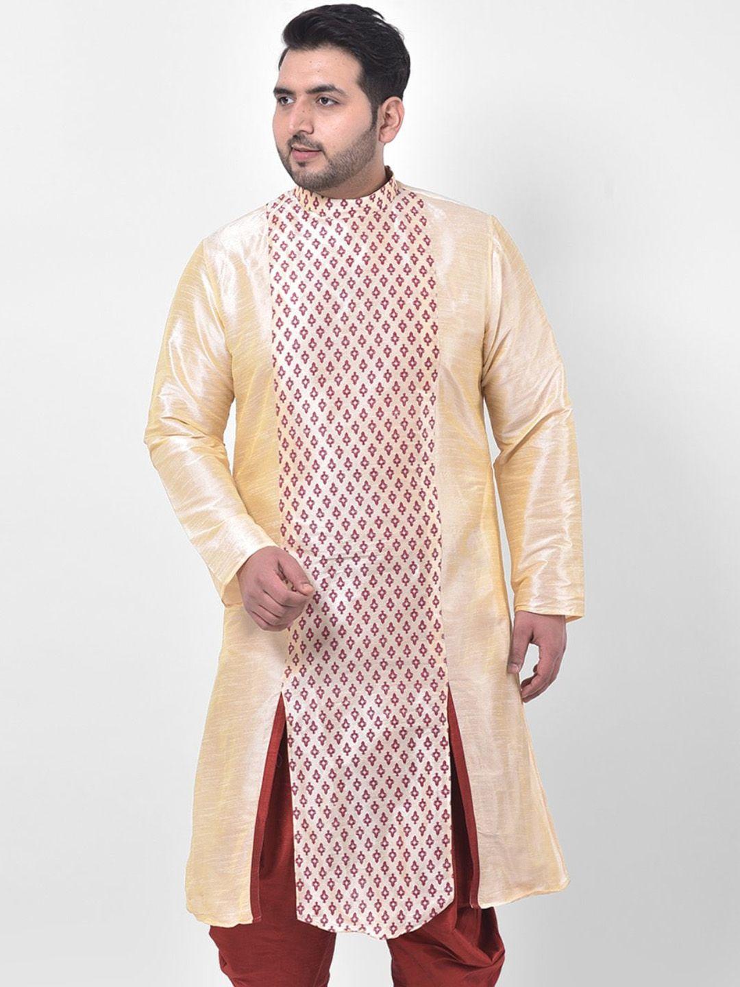 deyann plus plus size men cream-coloured ethnic motifs printed kurta