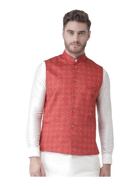 deyann red printed mandarin collar nehru jacket
