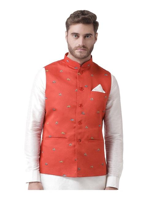 deyann red printed sleeveless nehru jacket