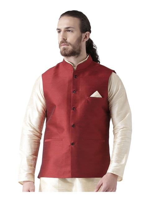 deyann red sleeveless mandarin collar nehru jacket