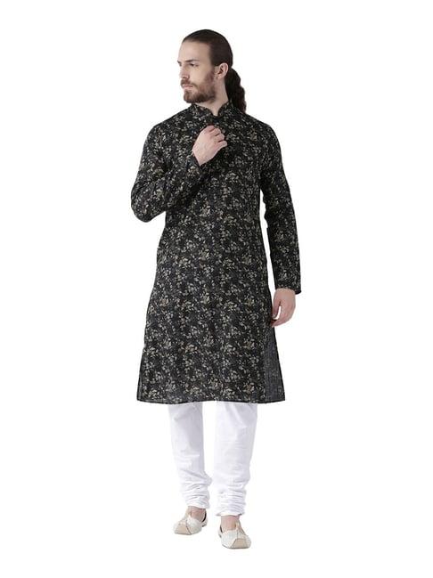 deyann black mandarin collar printed full sleeves kurta