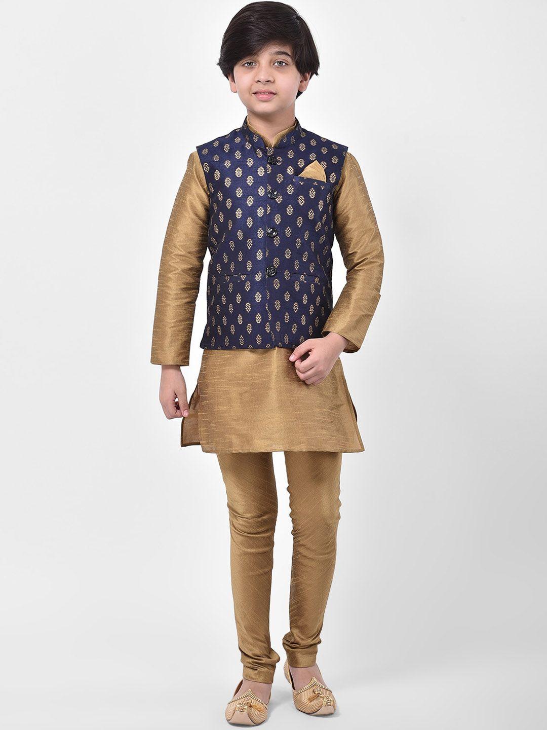deyann boys beige ethnic motifs regular straight dupion silk kurta set with nehru jacket