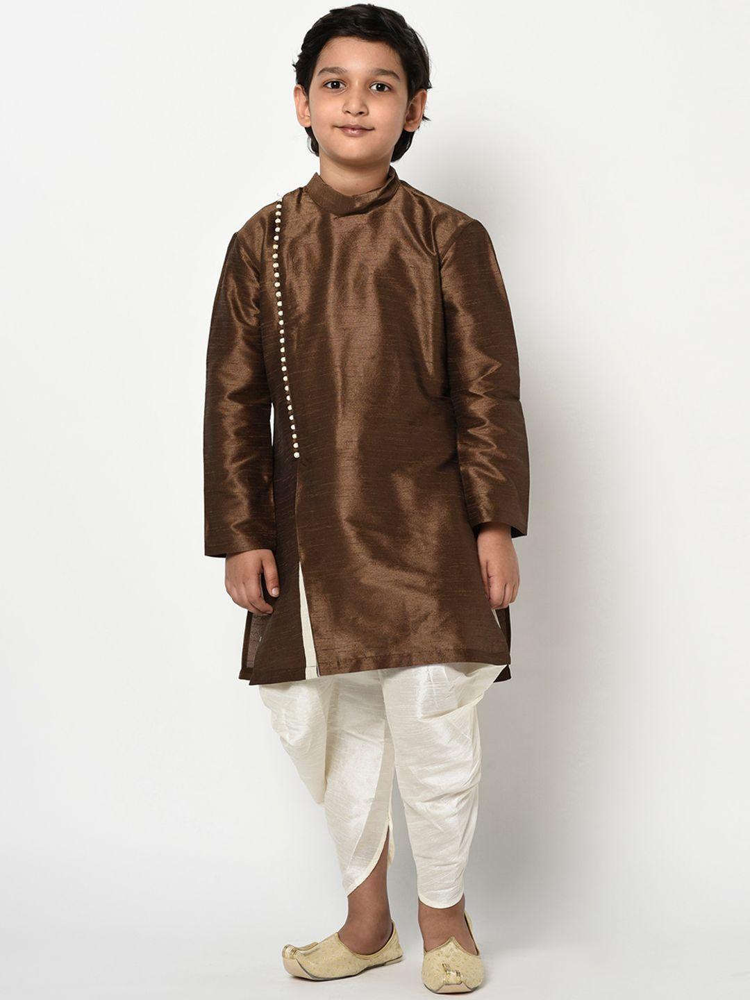 deyann boys brown & cream-coloured solid kurta with dhoti pants