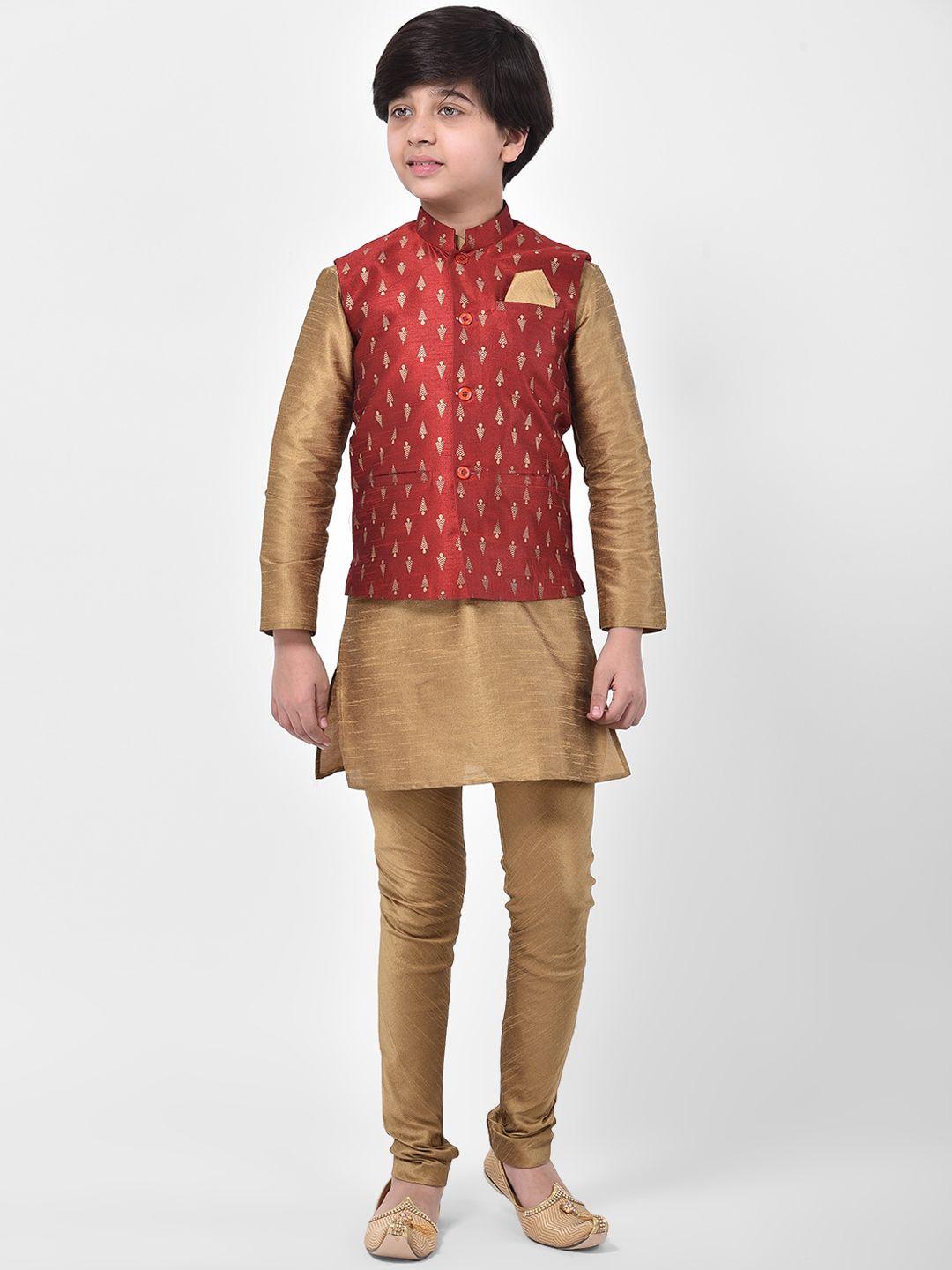 deyann boys brown & red regular straight dupion silk kurta & pyjamas with jacket