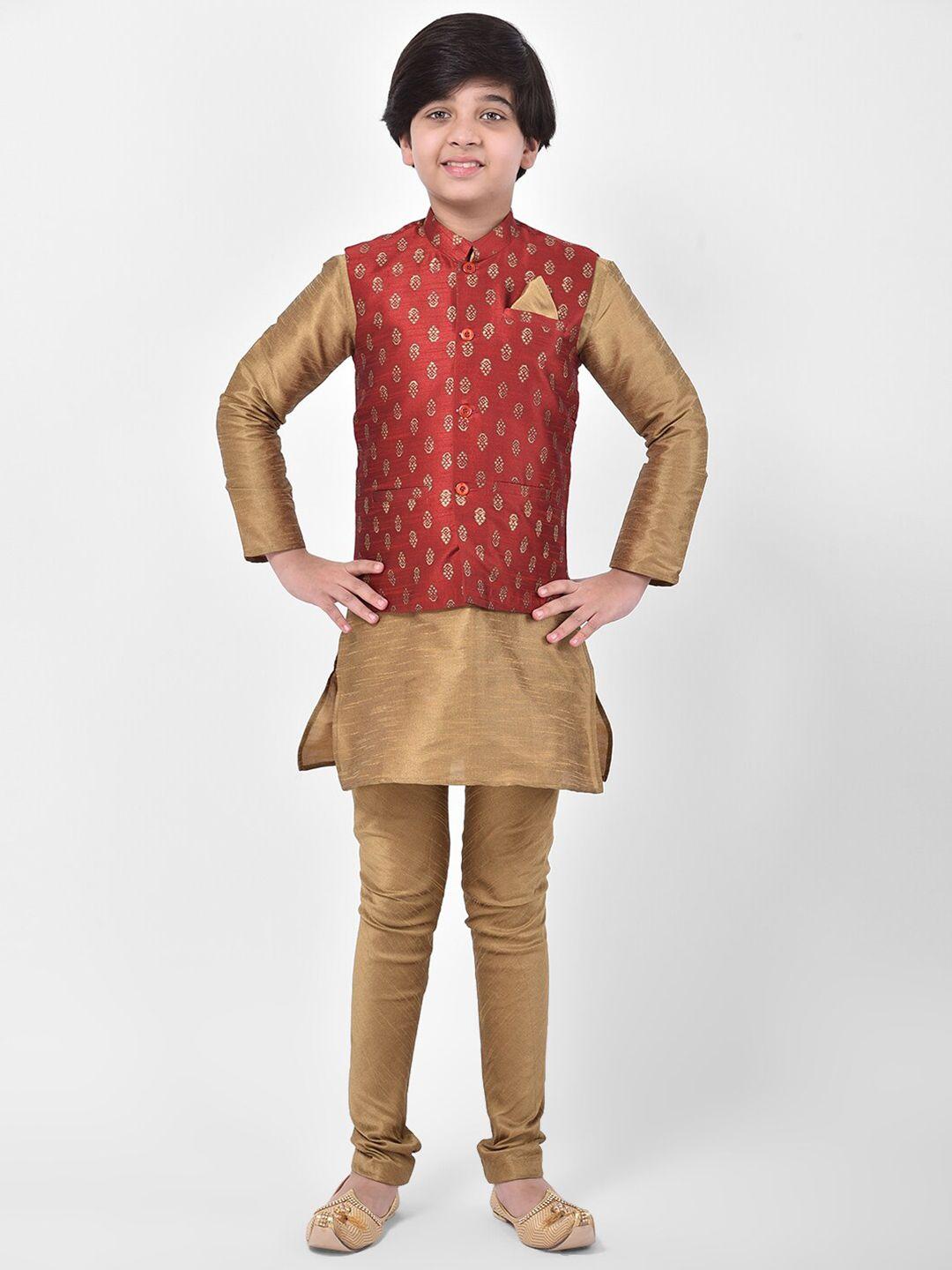 deyann boys ethnic motifs dupion silk kurta with pyjamas & nehru jacket