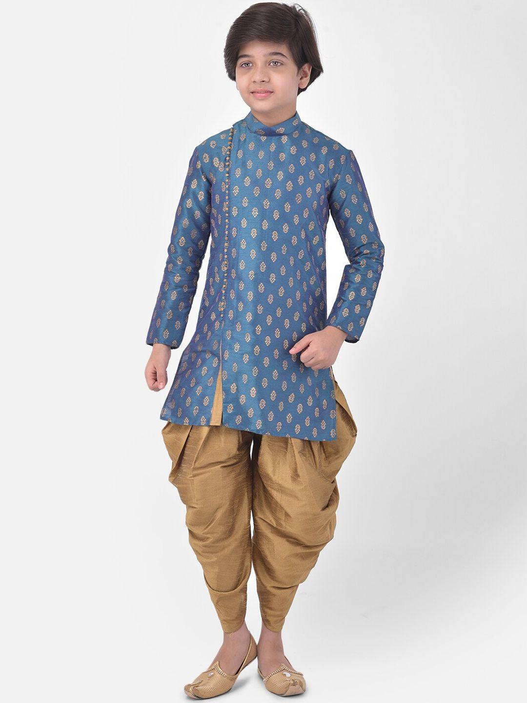 deyann boys ethnic motifs printed mandarin collar dupion silk kurta with dhoti pants