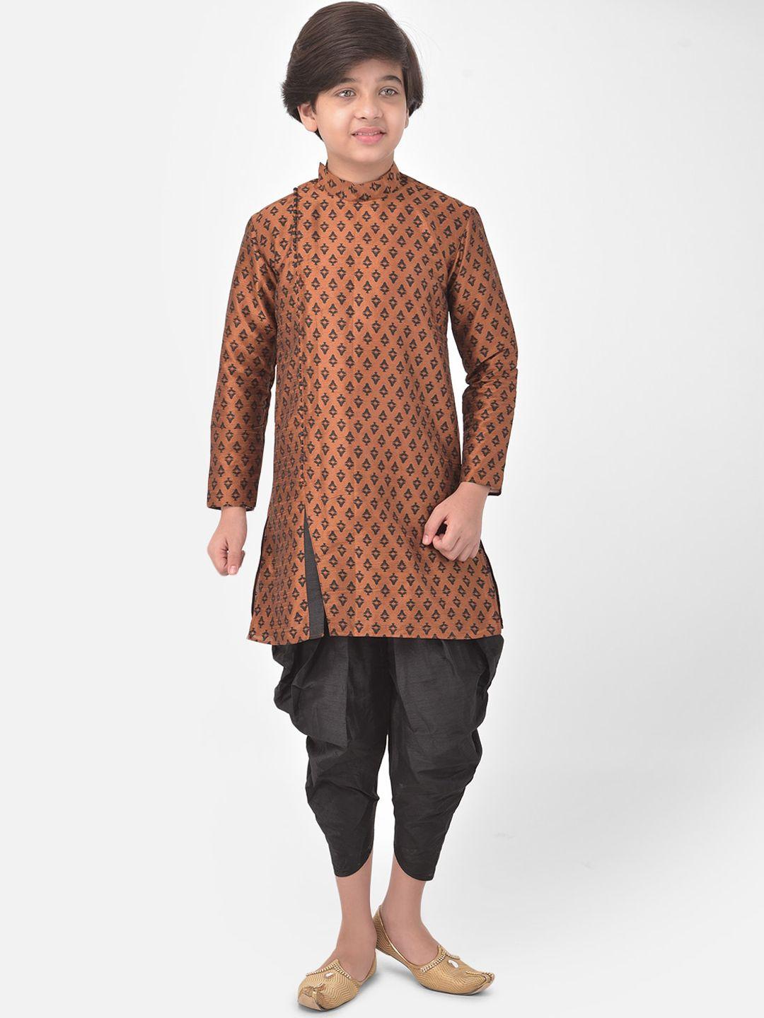 deyann boys ethnic motifs printed mandarin collar dupion silk kurta with dhoti pants