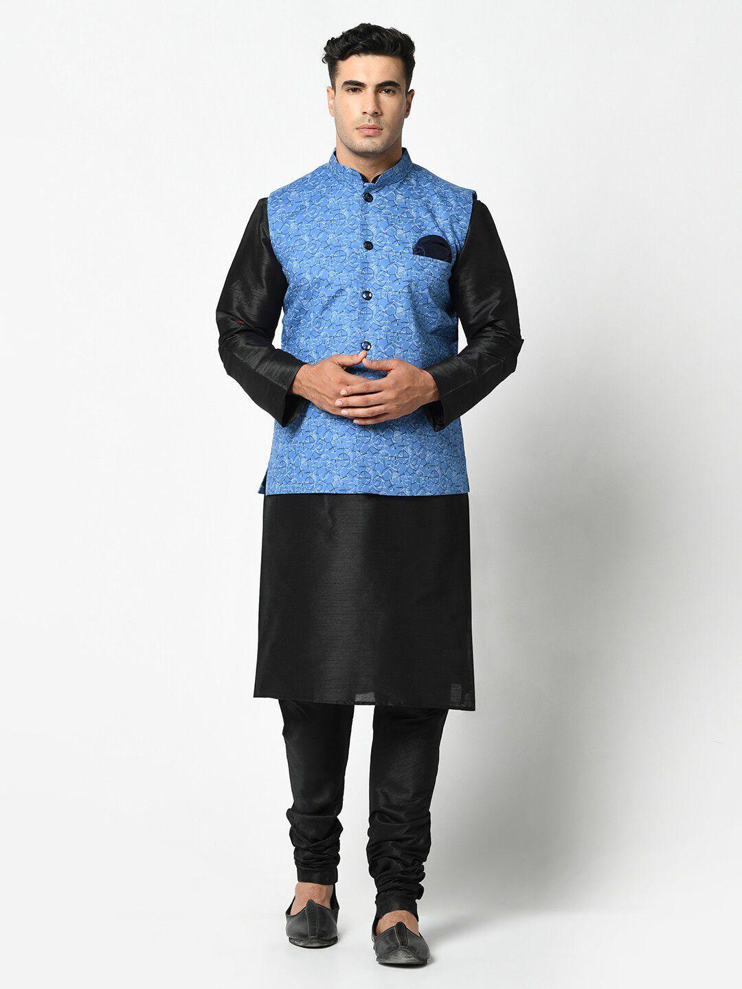 deyann mandarin collar straight kurta with pyjamas & nehru jacket