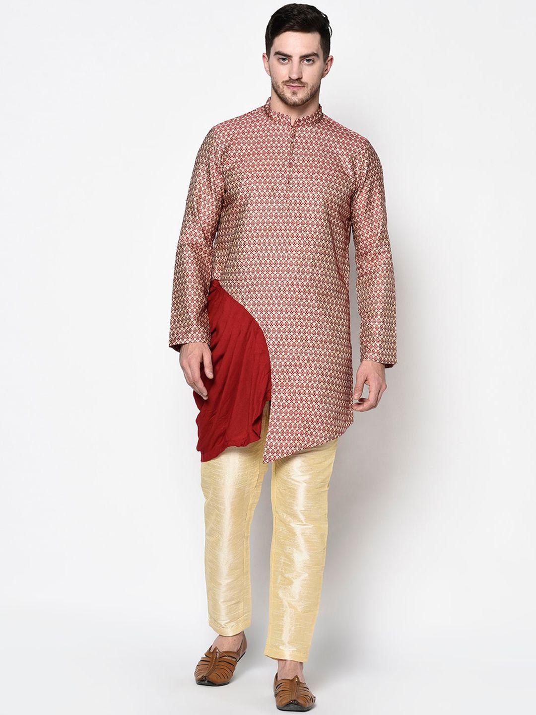 deyann men beige & maroon embroidered kurta with pyjamas