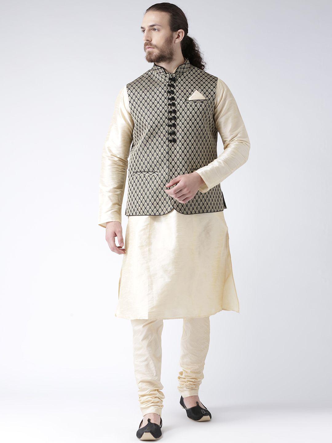 deyann men black & cream solid kurta with pyjamas & jacquard nehru jacket