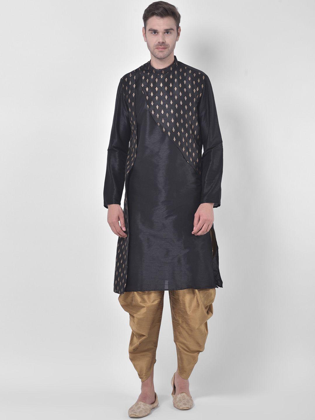 deyann men black & gold-toned ethnic motifs printed straight kurta with dhoti pants