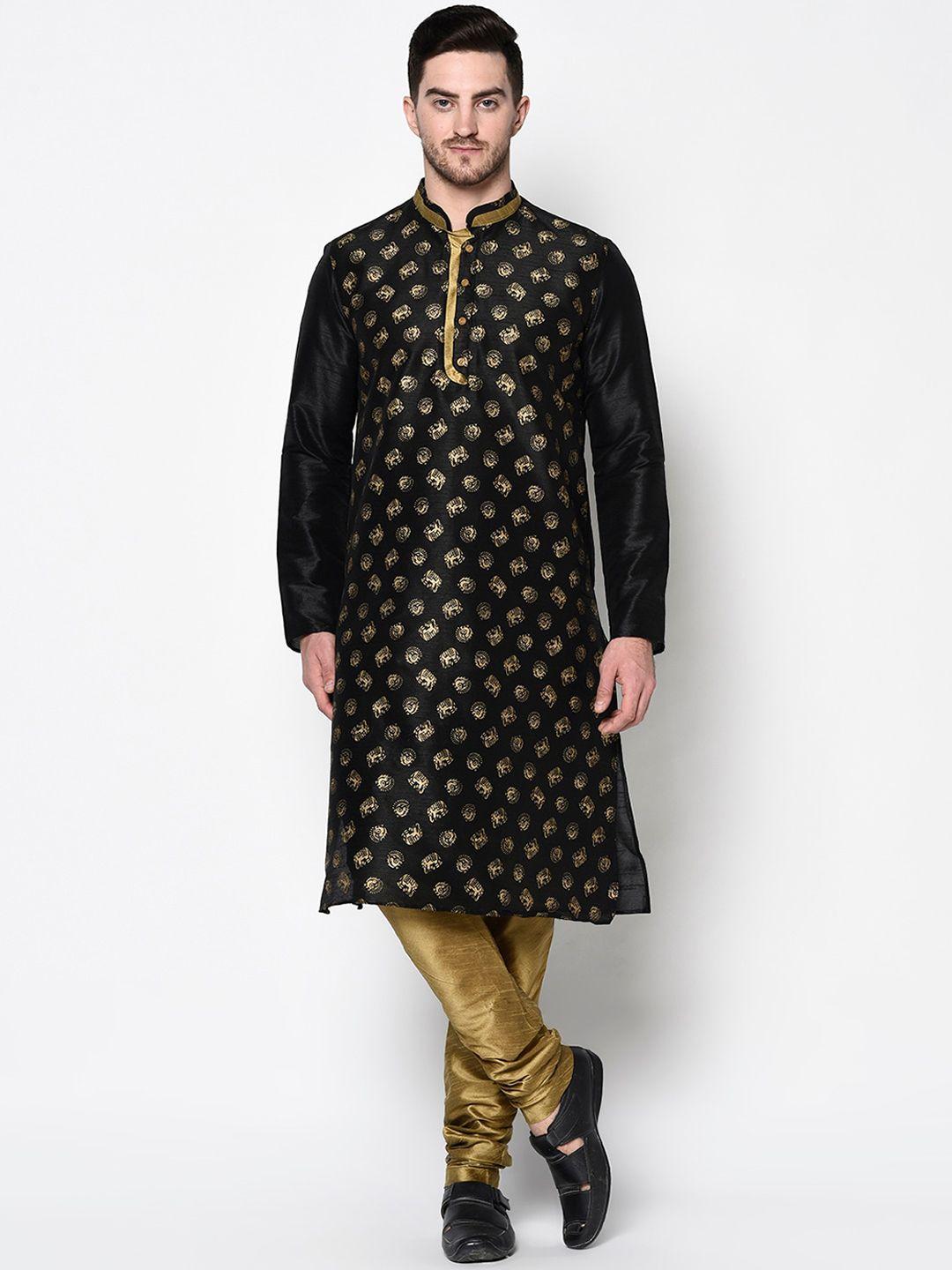 deyann men black & gold-toned printed kurta with pyjamas