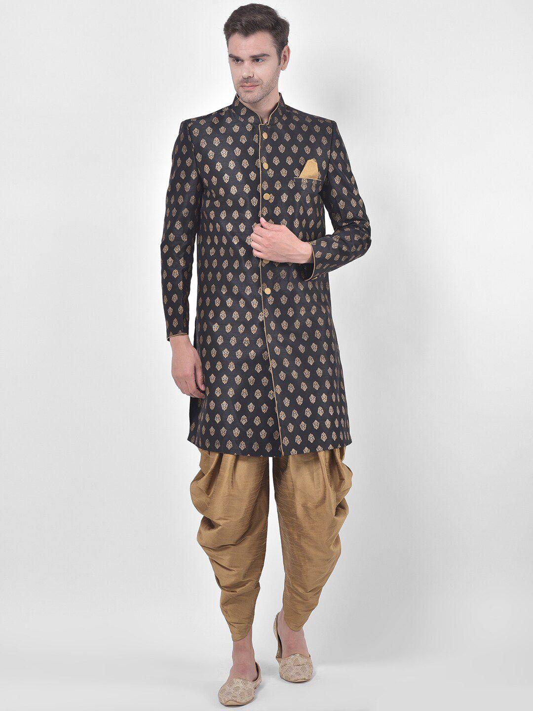 deyann men black & gold-toned woven design sherwani set