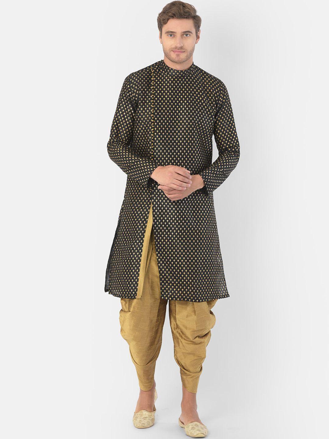 deyann men black & golden woven design kurta with dhoti pants