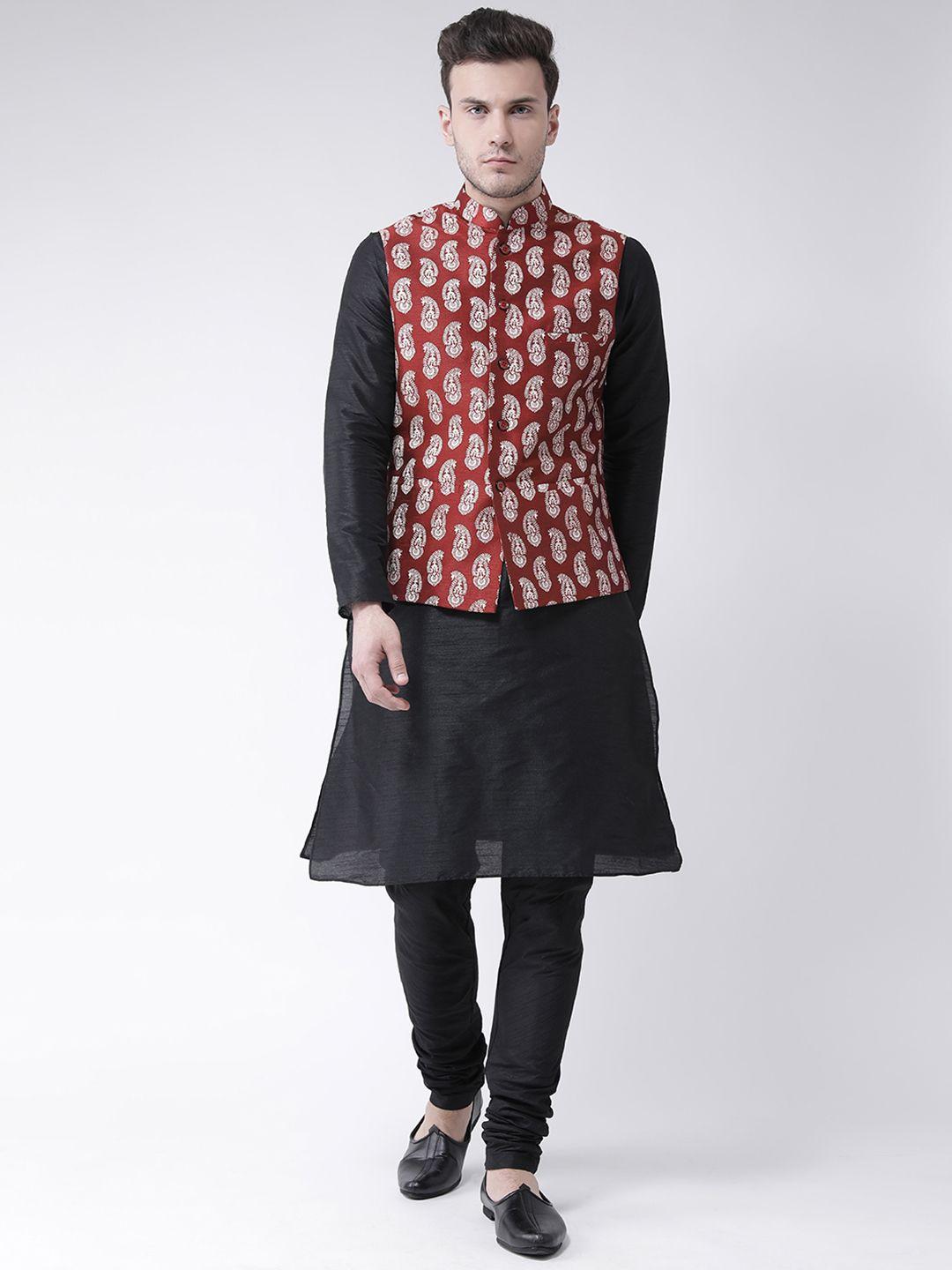 deyann men black & maroon solid kurta with pyjamas & nehru jacket