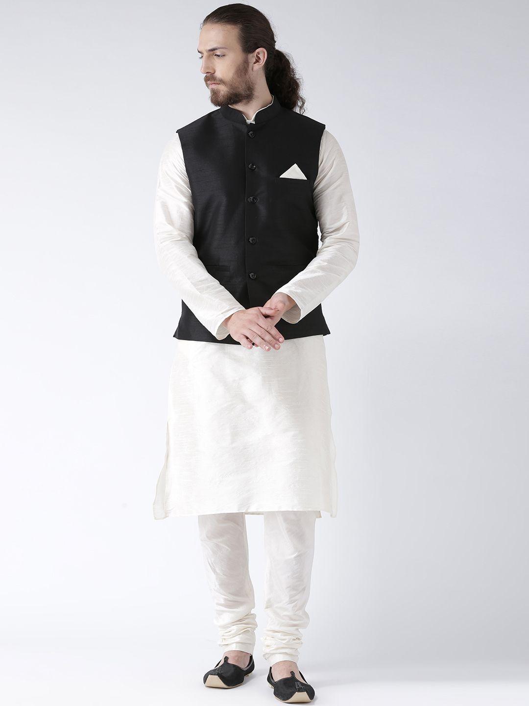 deyann men black & off-white solid kurta with pyjamas & nehru jacket