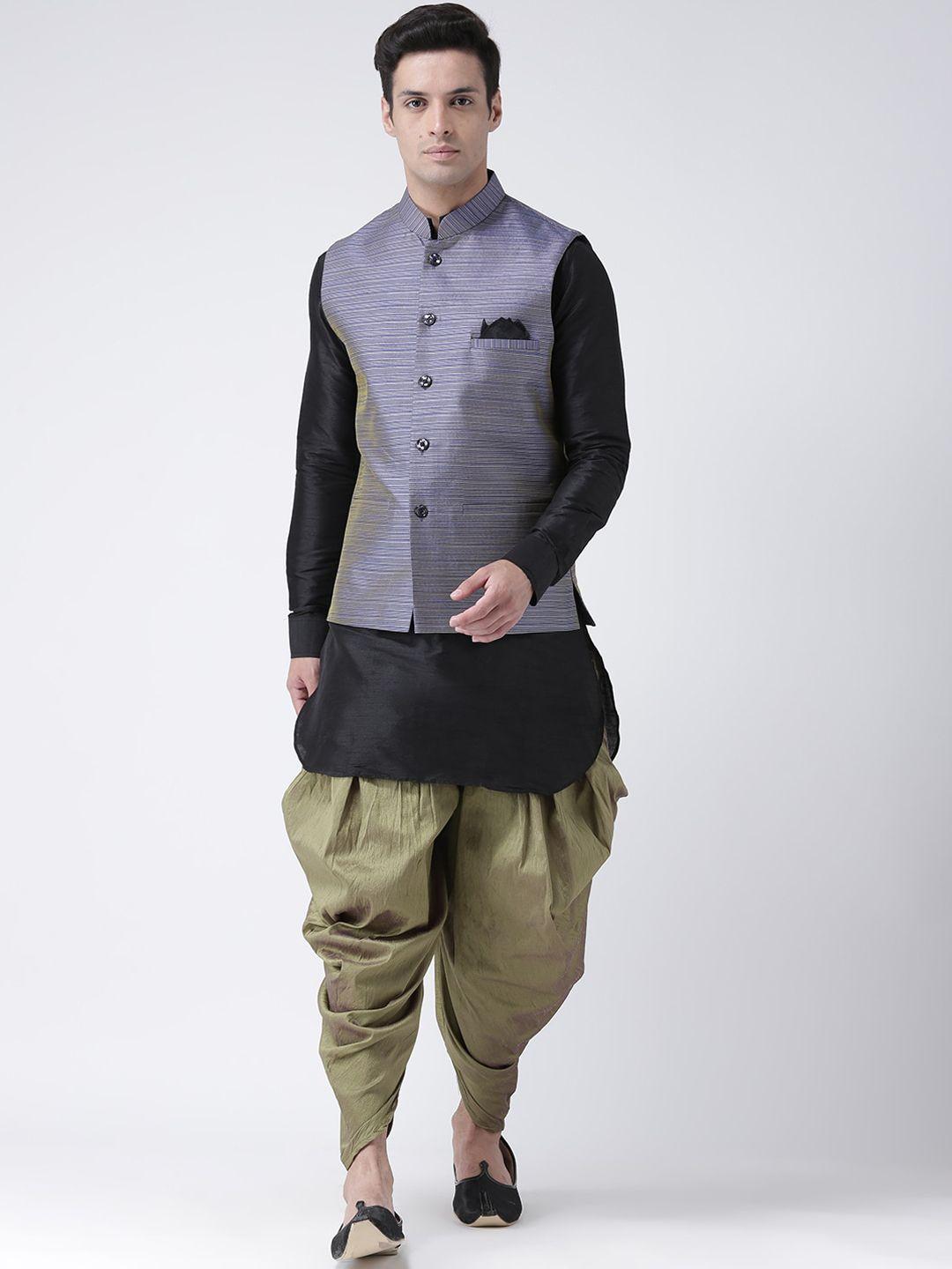 deyann men black & olive green solid kurta set with nehru jacket