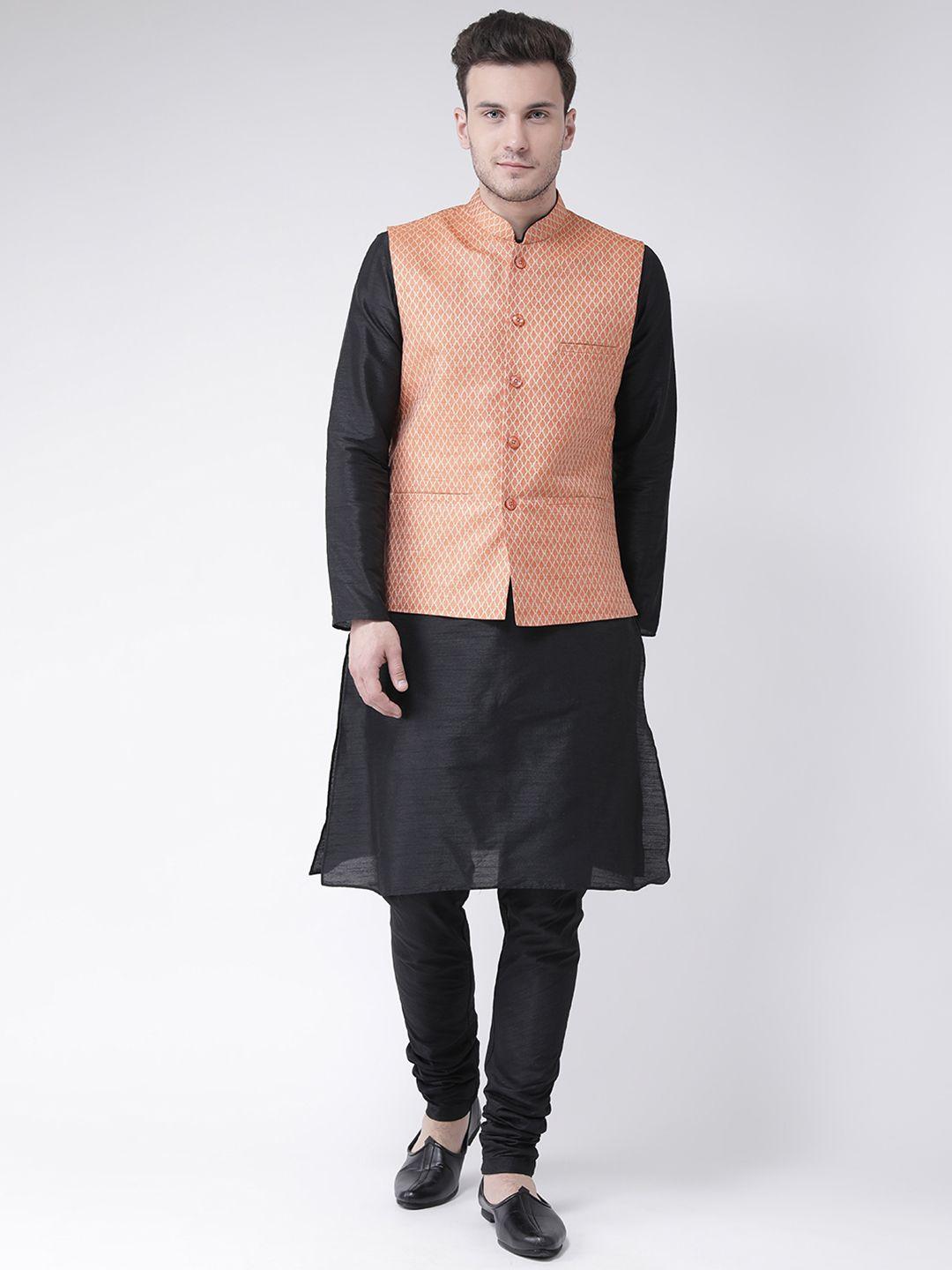 deyann men black & orange solid kurta with churidars & nehru jacket