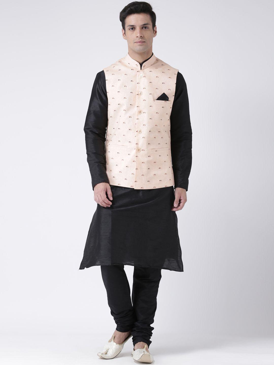 deyann men black & peach-coloured solid kurta with churidar & nehru jacket