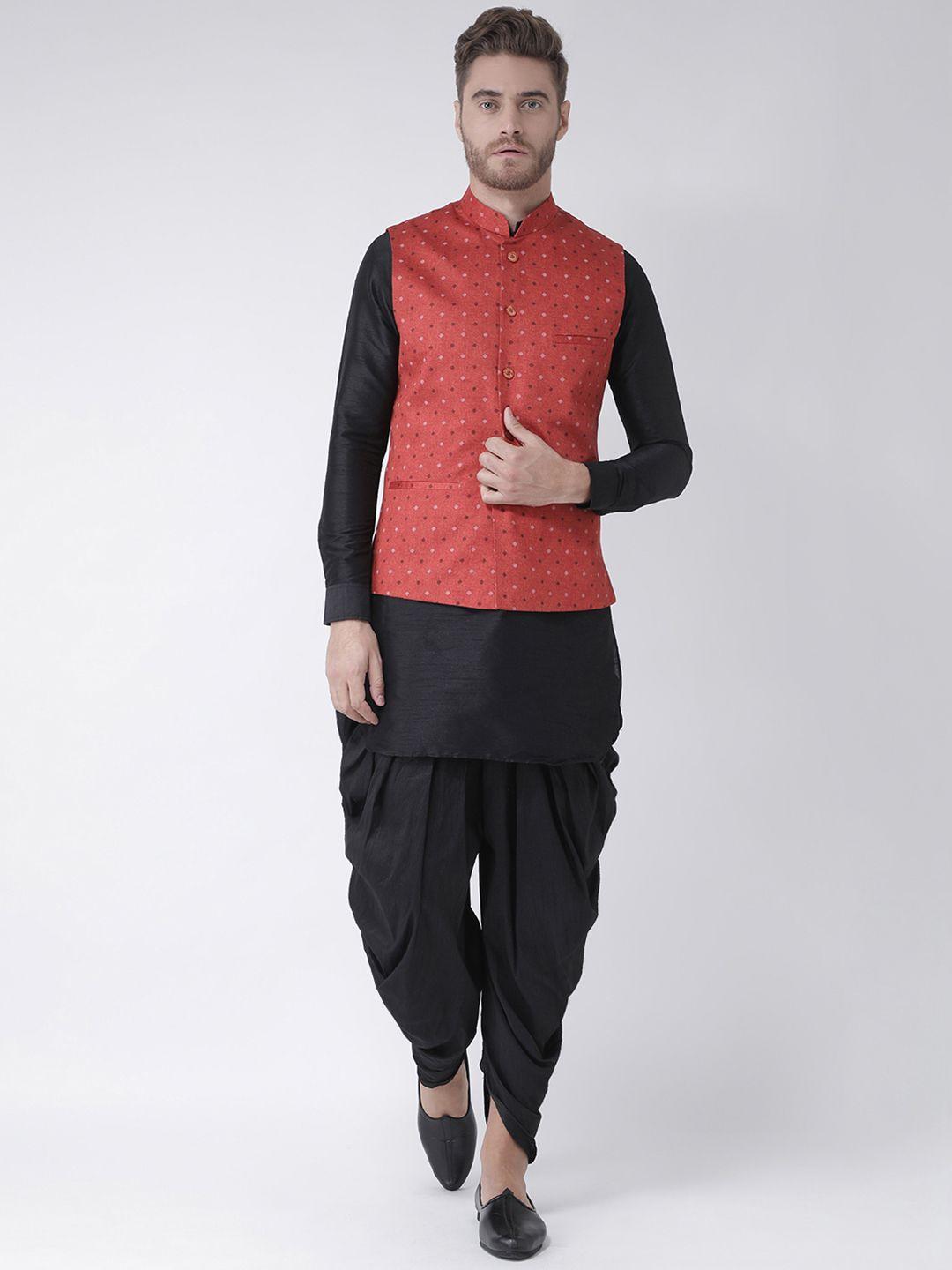 deyann men black & red printed kurta with dhoti pants & nehru jacket