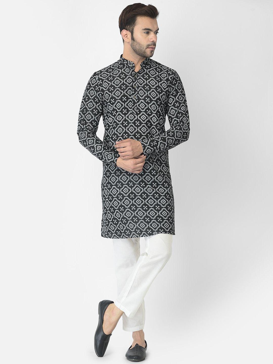 deyann men black bandhani printed kurti with pyjamas