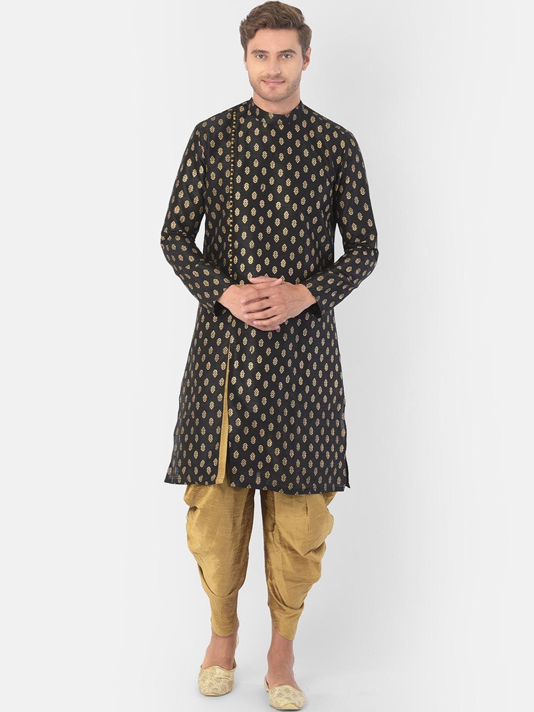 deyann men black ethnic motifs angrakha straight dupion silk kurta with patiala