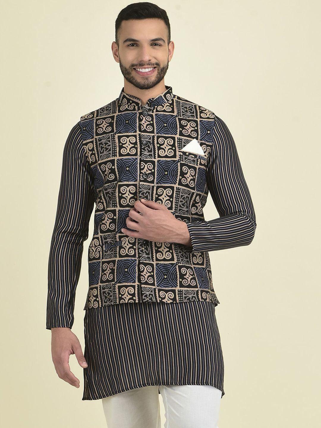 deyann men black ethnic motifs printed pure cotton kurta with pyjamas