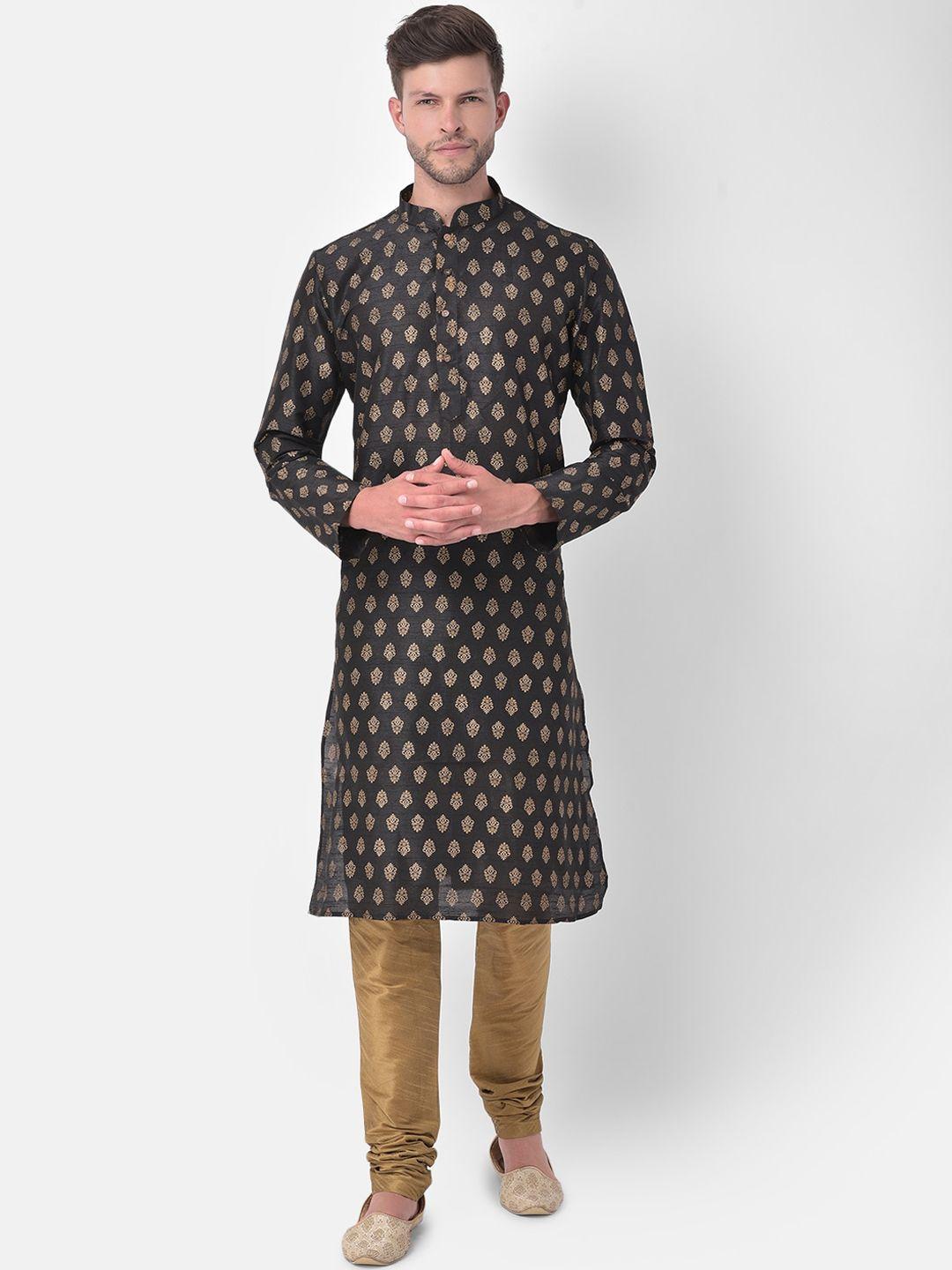 deyann men black ethnic motifs regular dupion silk kurta with churidar